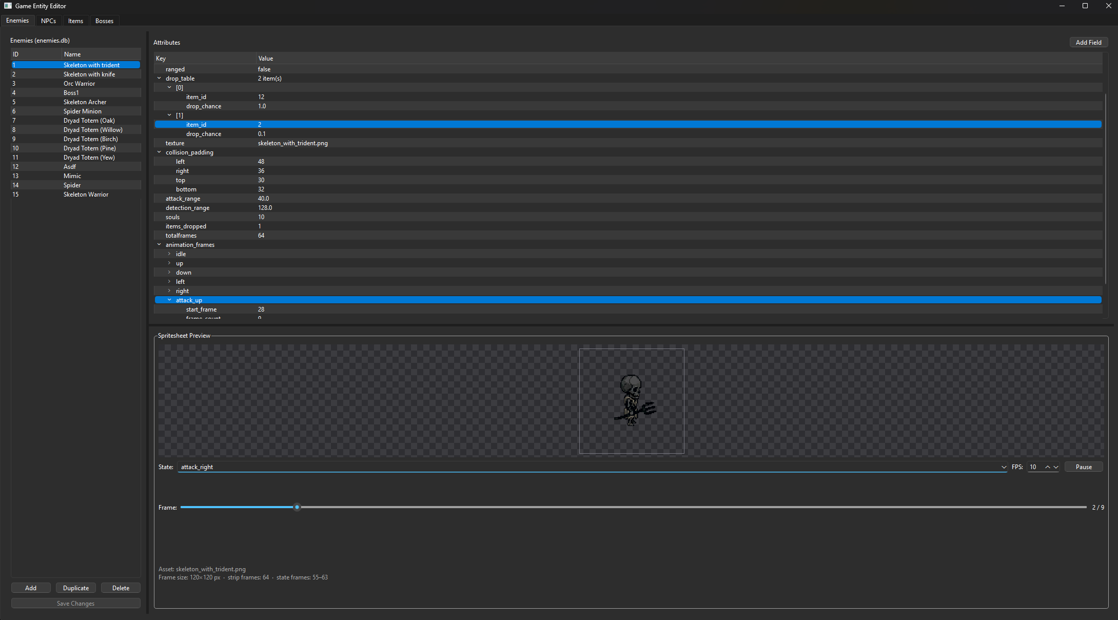 Entity editor showing enemy attributes and sprite animation preview