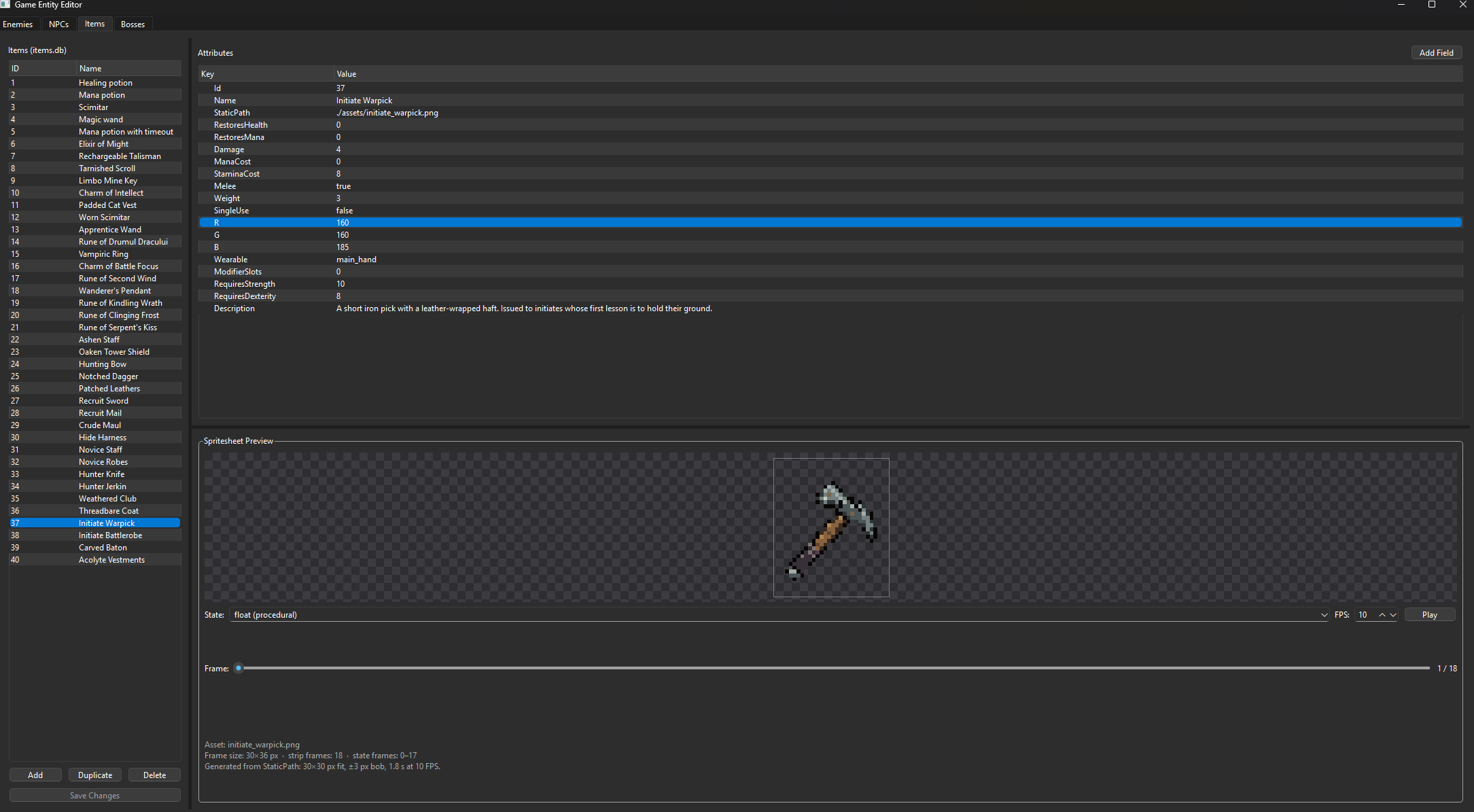 Entity editor showing item attributes and sprite preview