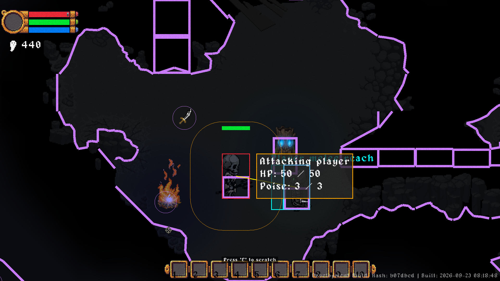Nine Lives gameplay with debug overlays for collision and melee reach
