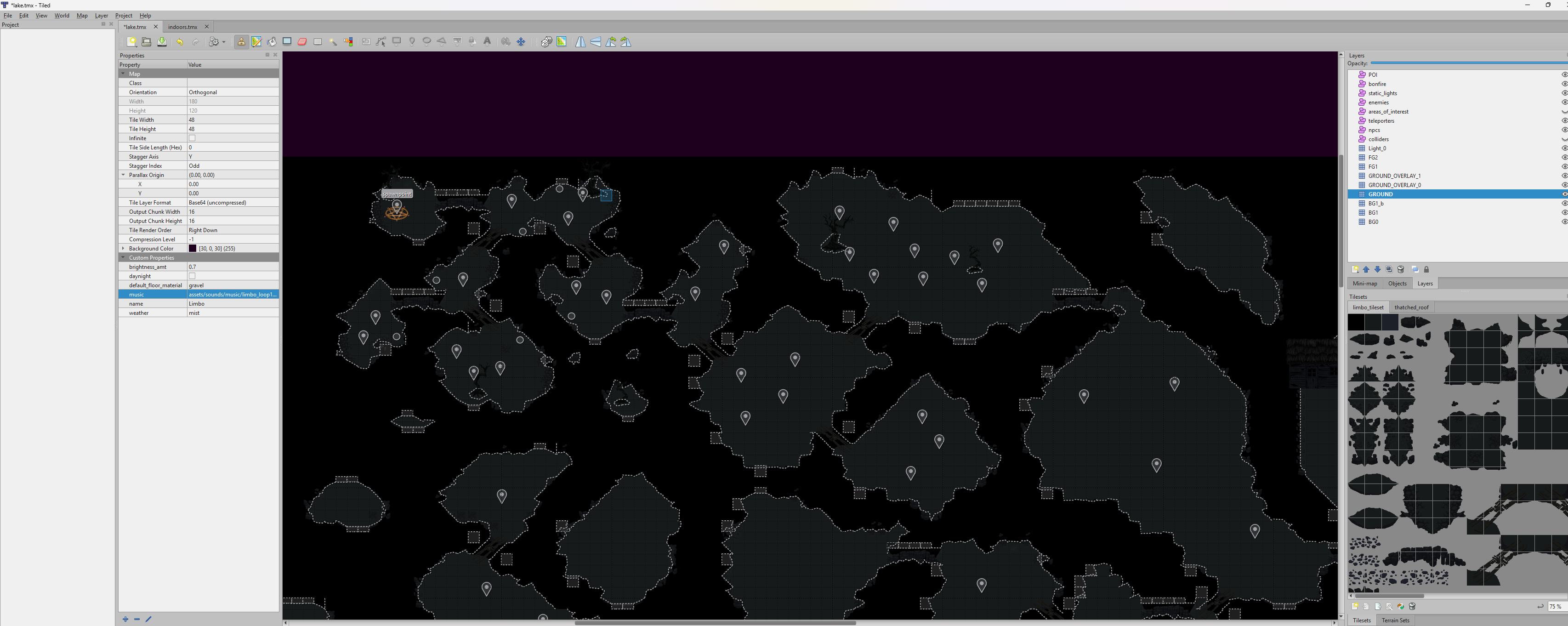 Tiled map editor showing layered map data and custom properties